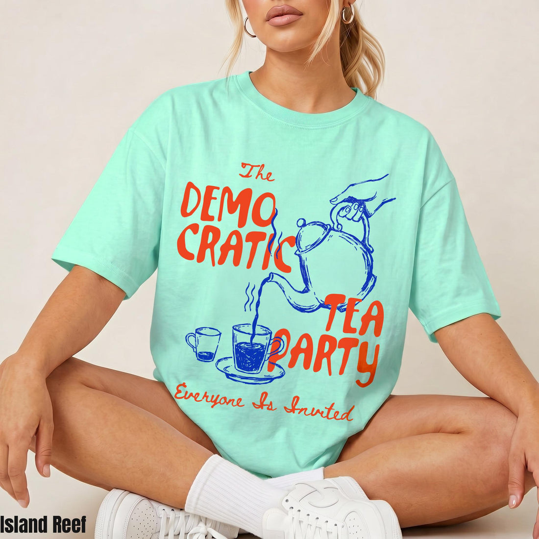 Mint t-shirt with &amp;quot;The Democratic Tea Party&amp;quot; text, teapot pouring tea, and &amp;quot;Everyone Is Invited&amp;quot; slogan.