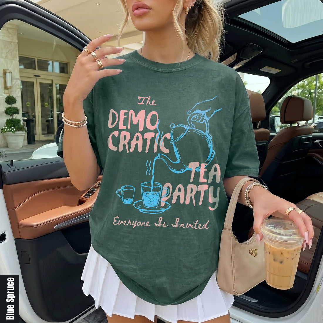 Green t-shirt with pink and blue text that reads &amp;quot;The Democratic Tea Party Everyone Is Invited.&amp;quot;