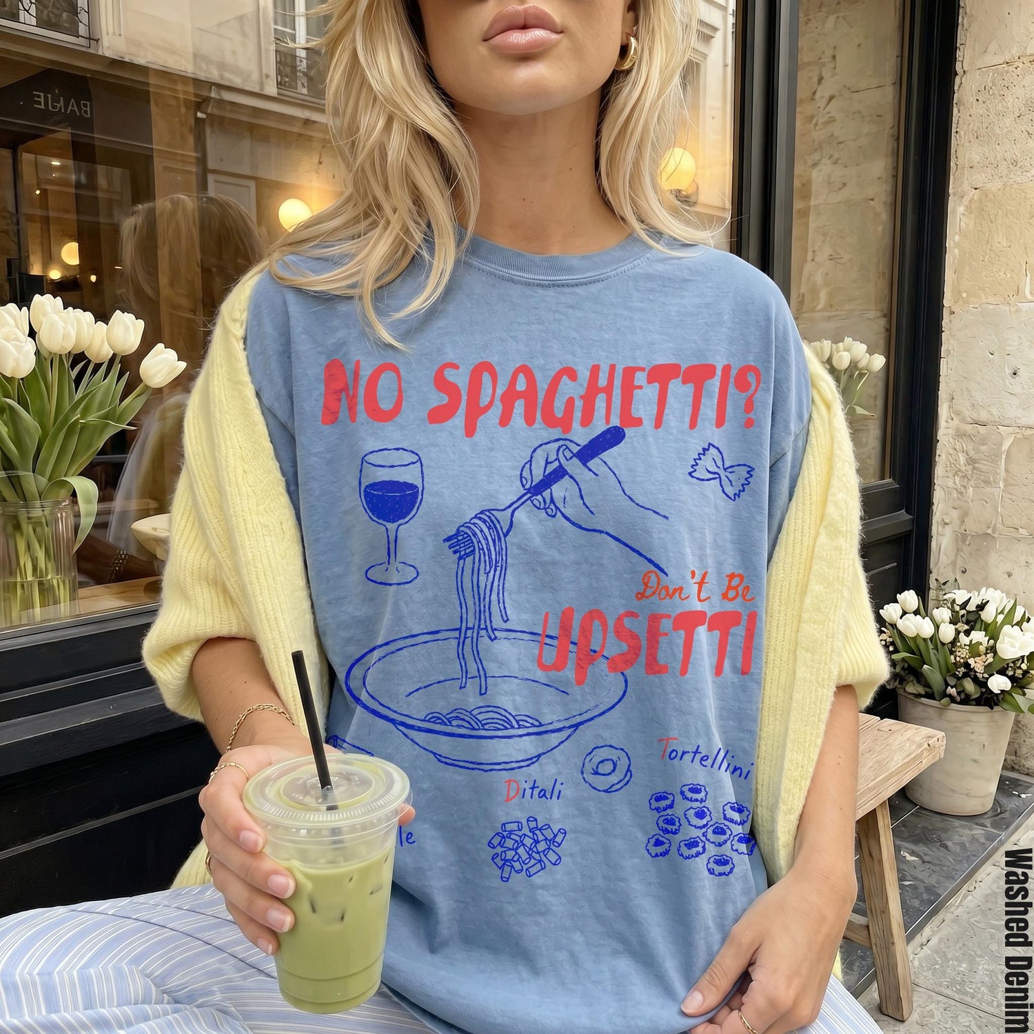 Light blue t-shirt with &amp;quot;NO SPAGHETTI? Don&amp;