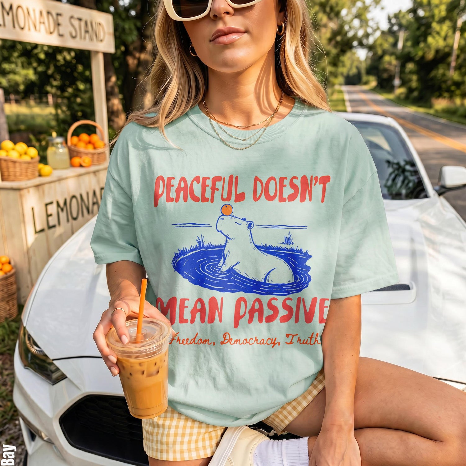 Light blue t-shirt with &amp;quot;Peaceful Doesn&amp;