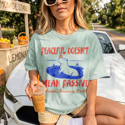 Light blue t-shirt with &amp;quot;Peaceful Doesn&amp;