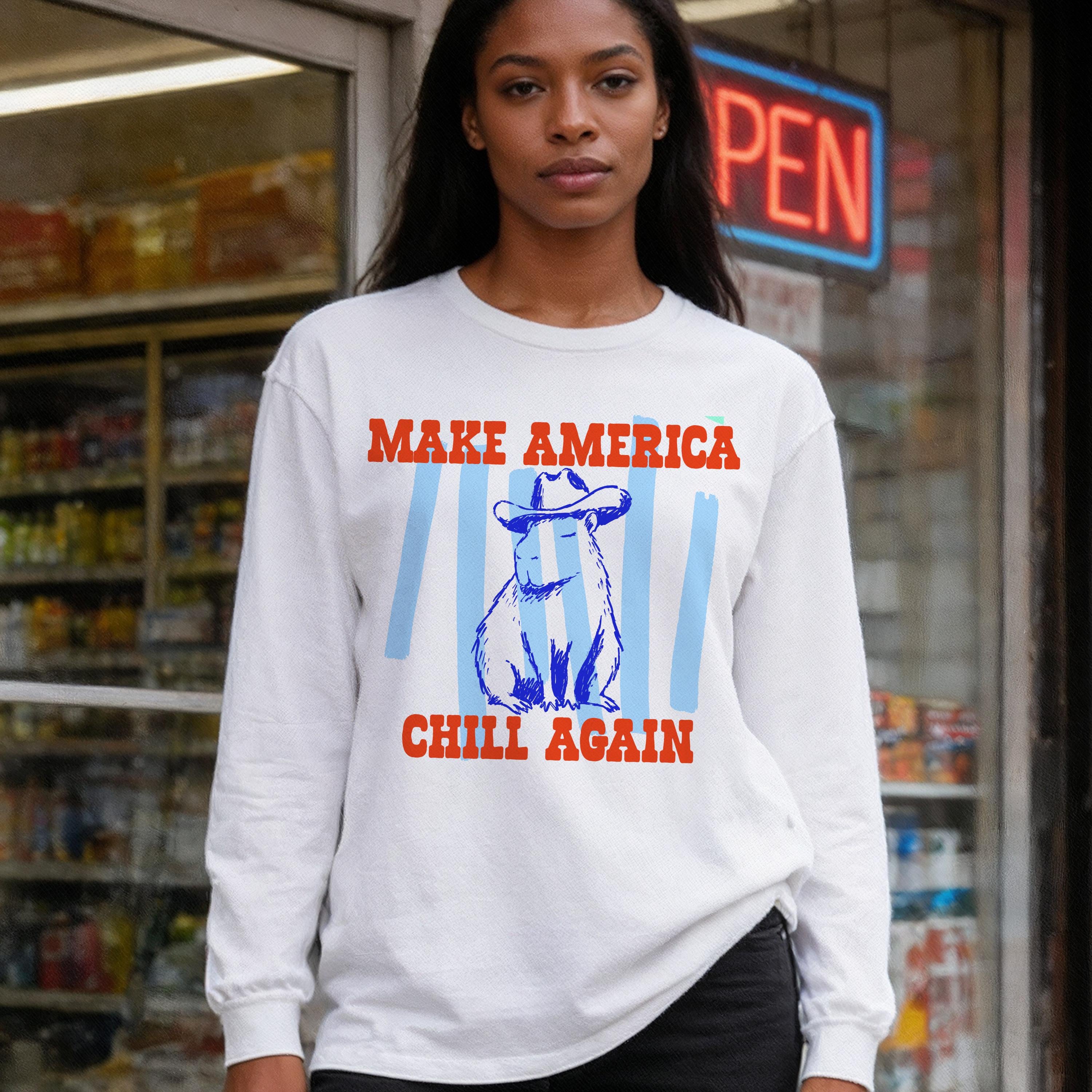 Funny Capybara T-Shirt - Make America Chill Again Cowboy Hat Progressive Liberal Anti Trump Tee Shirt