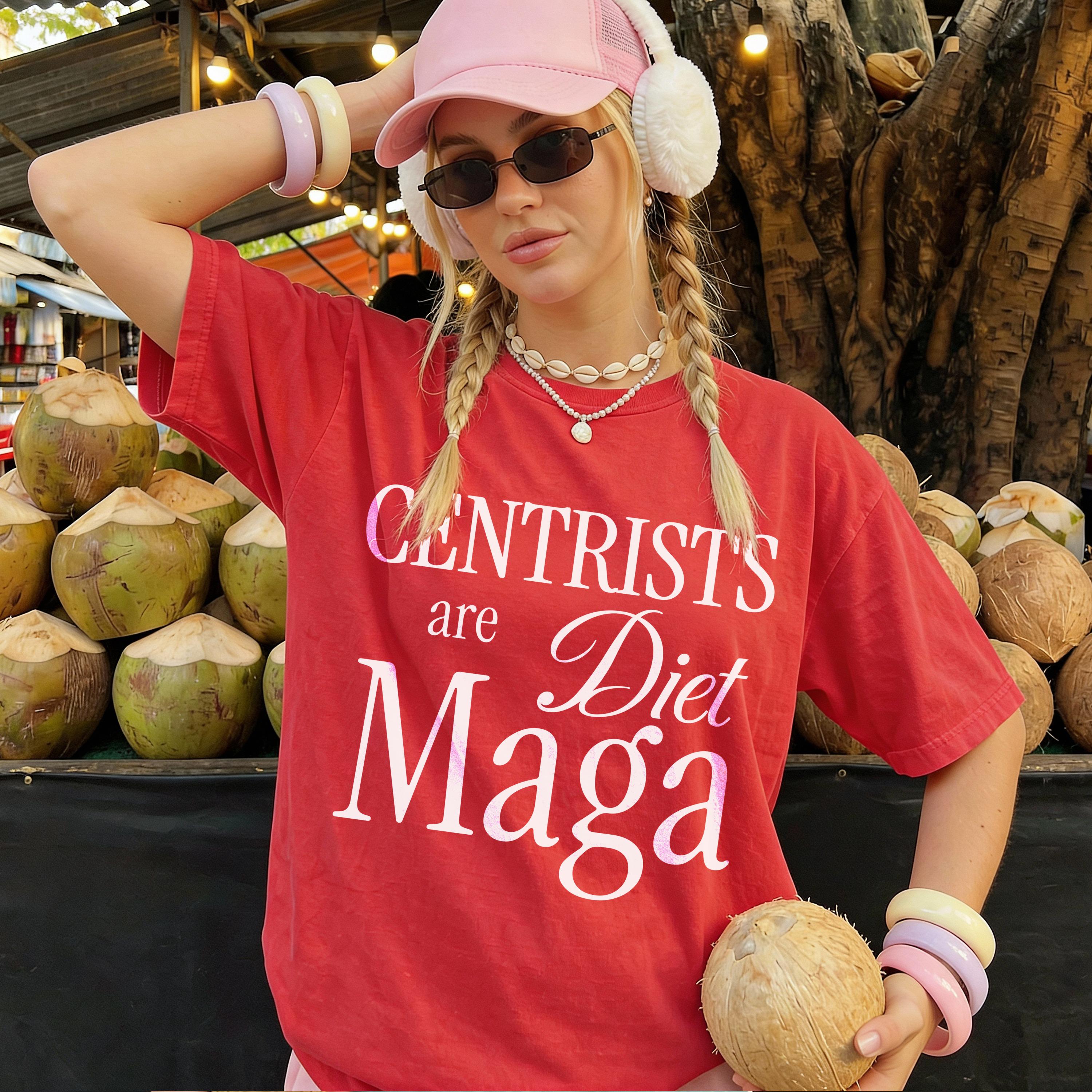 Red t-shirt with &amp;quot;Centrists are Diet Maga&amp;quot; text, woman with pink hat, holding a coconut.