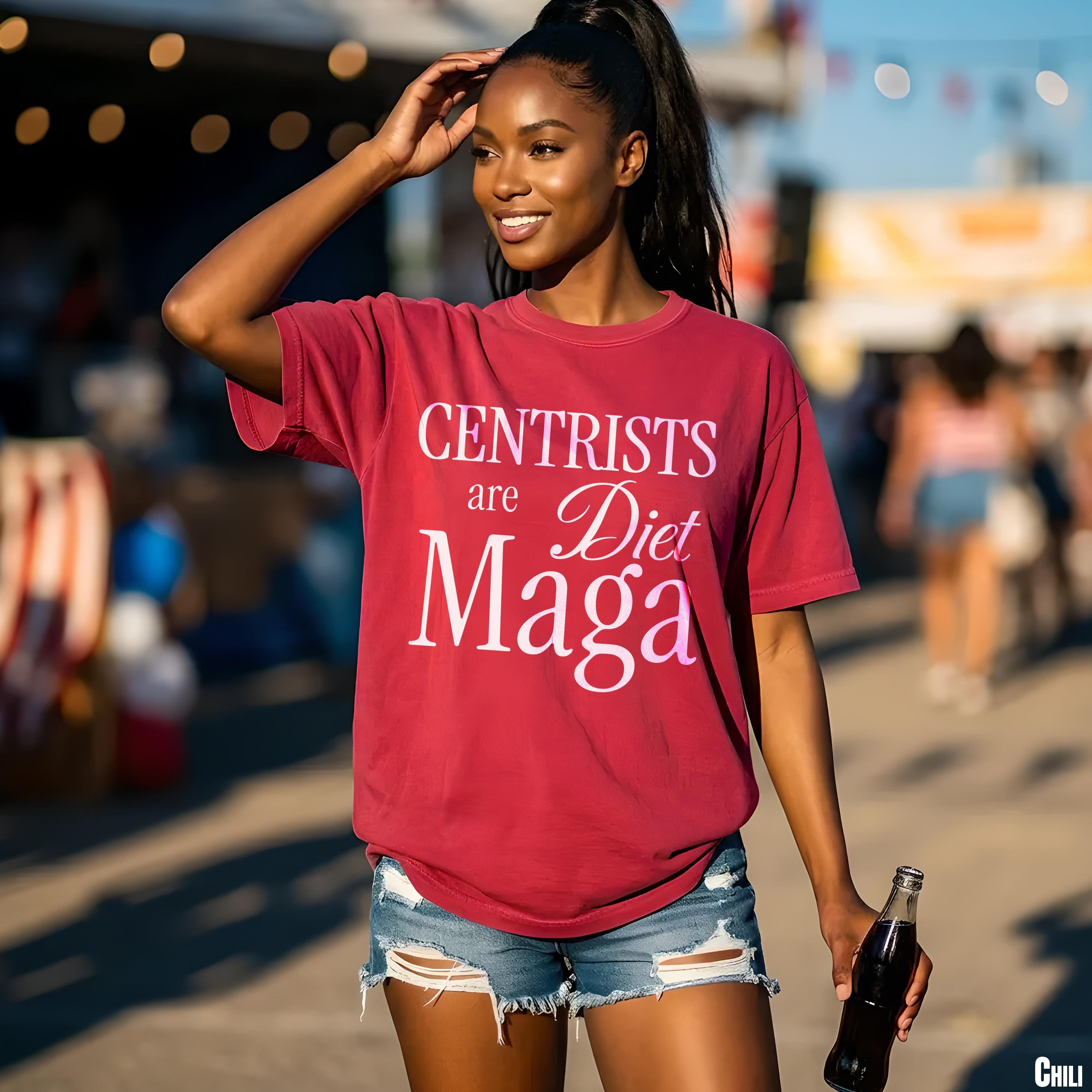Red t-shirt with &amp;quot;Centrists are Diet Maga&amp;quot; text, worn by a woman holding a soda bottle.