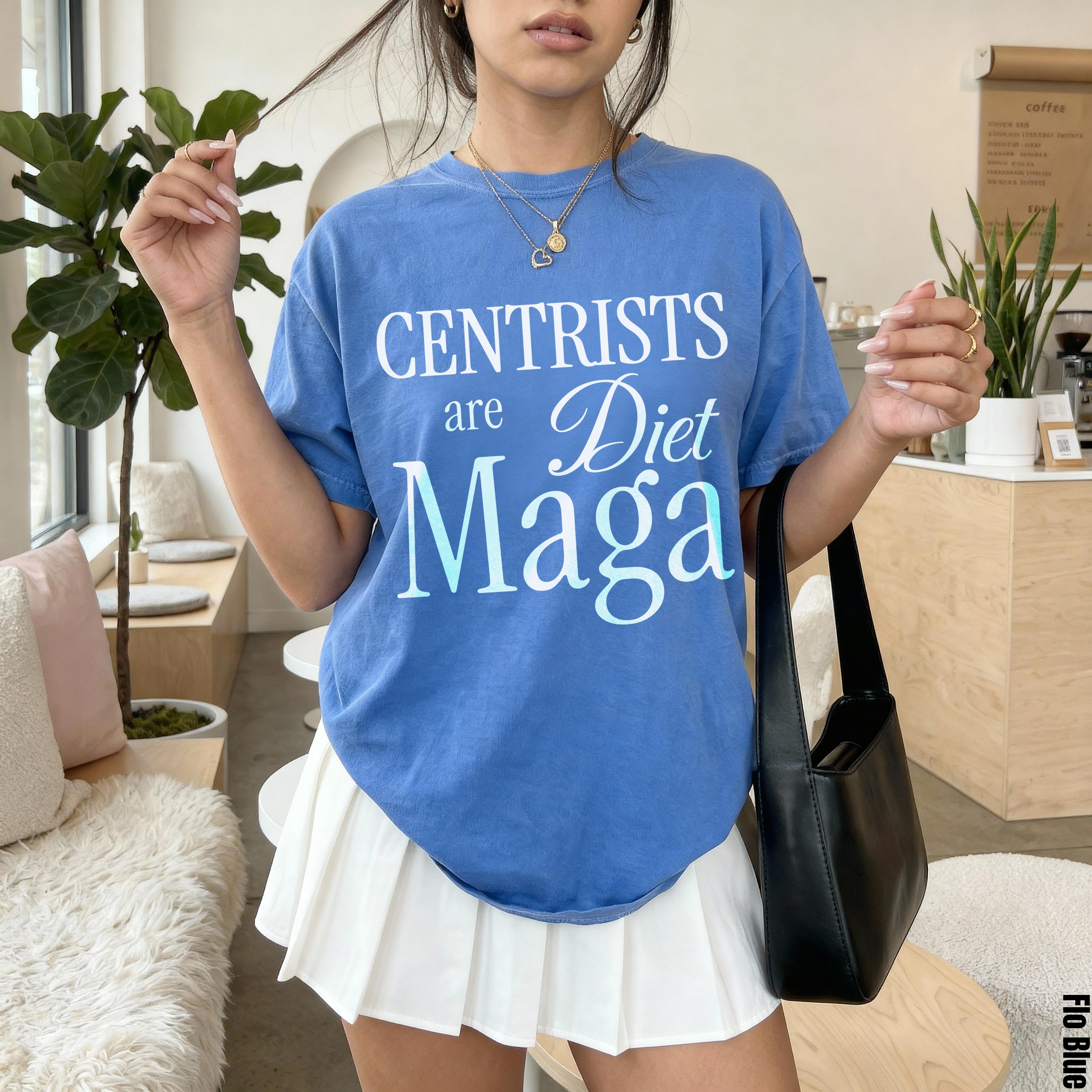 Blue t-shirt with &amp;quot;Centrists are Diet Maga&amp;quot; graphic and white pleated skirt.