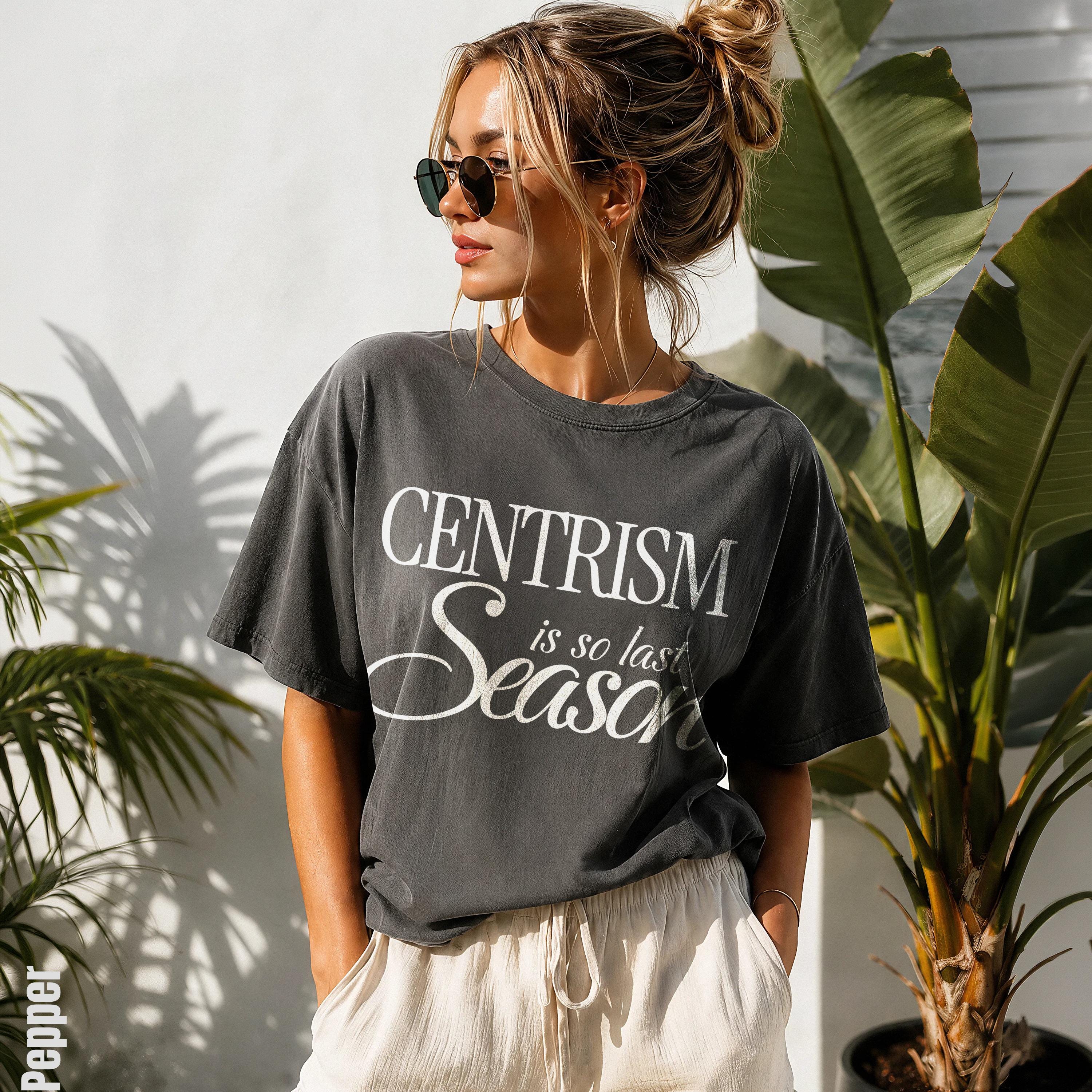 Dark gray t-shirt with &amp;quot;CENTRISM is so last Season&amp;quot; text and &amp;quot;Pepper&amp;quot; logo.