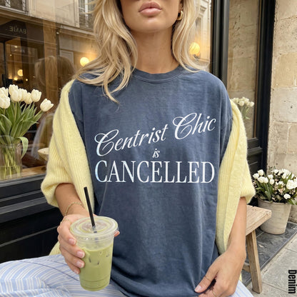 Dark gray t-shirt with &amp;quot;Centrist Chic is CANCELLED&amp;quot; text, worn with yellow cardigan.