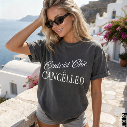 Woman wearing gray t-shirt that says &amp;quot;Centrist Chic is CANCELLED&amp;quot;