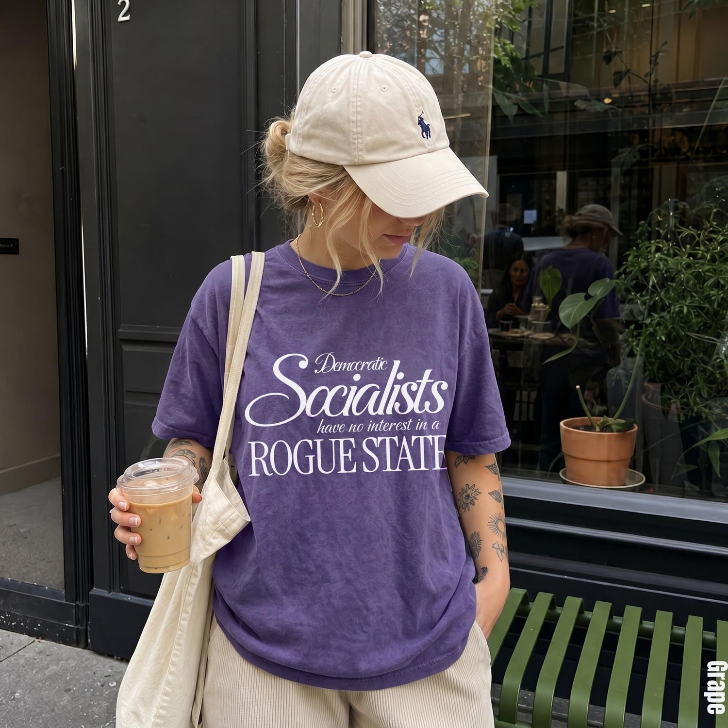 Purple t-shirt with white text &amp;quot;Democratic Socialists have no interest in a ROGUE STATE&amp;quot;.