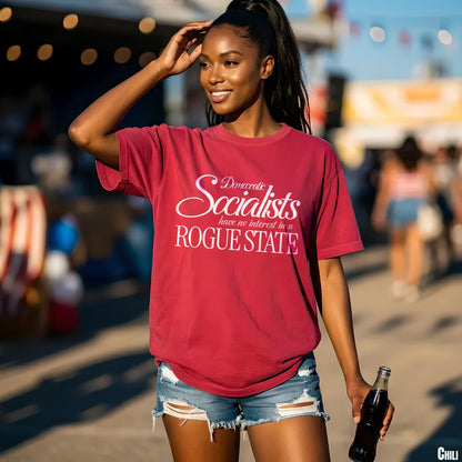 Red t-shirt with white text &amp;quot;Democratic Socialists have no interest in a Rogue State&amp;quot; on a woman.