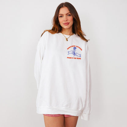 White sweatshirt with blue and red &amp;quot;Democratic Socialism Power to the People&amp;quot; graphic.
