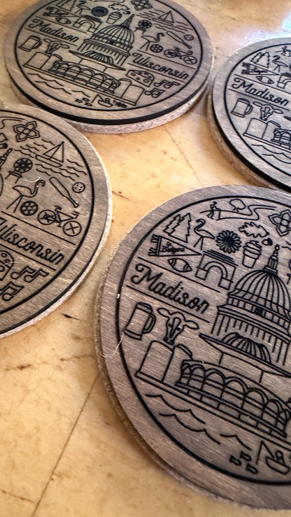 Madison Wisconsin Line Icons Coaster