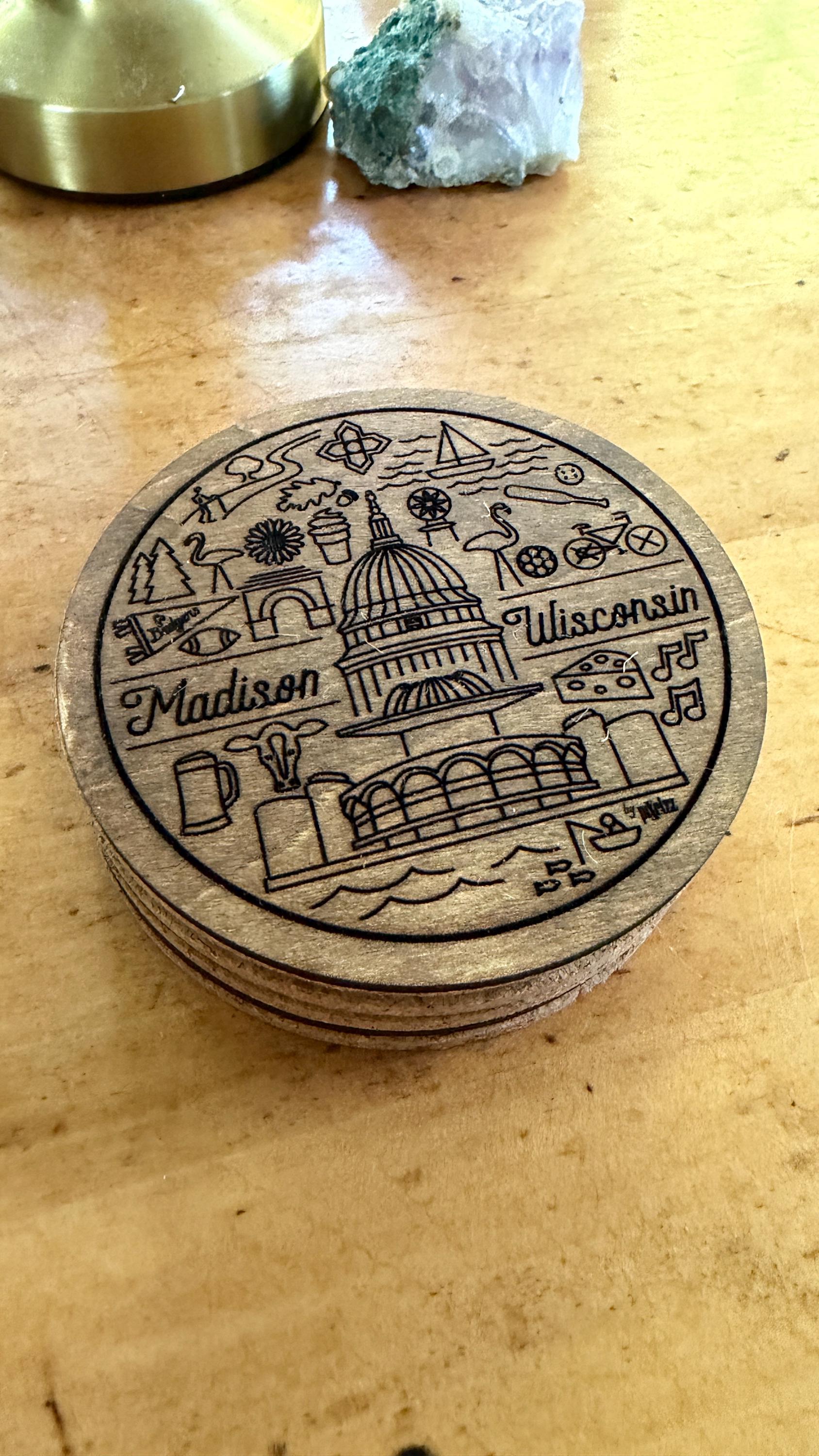 Madison Wisconsin Line Icons Coaster