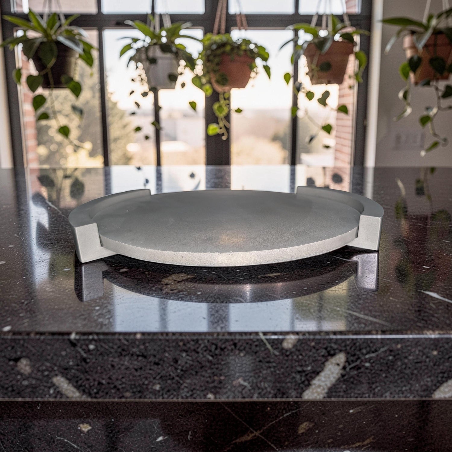 Large Round Concrete Tray with Removable Legs, Modular Grey Decorative Plate, Minimalist Riser Jewelry Dish, Modern Industrial Shelf Accent