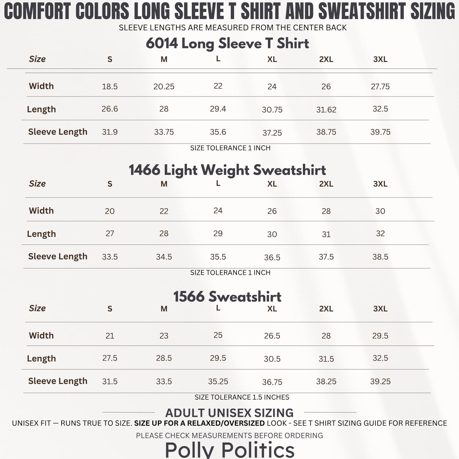 Comfort Colors sizing chart for 6014 long sleeve t-shirt, 1466 sweatshirt, and 1566 sweatshirt.