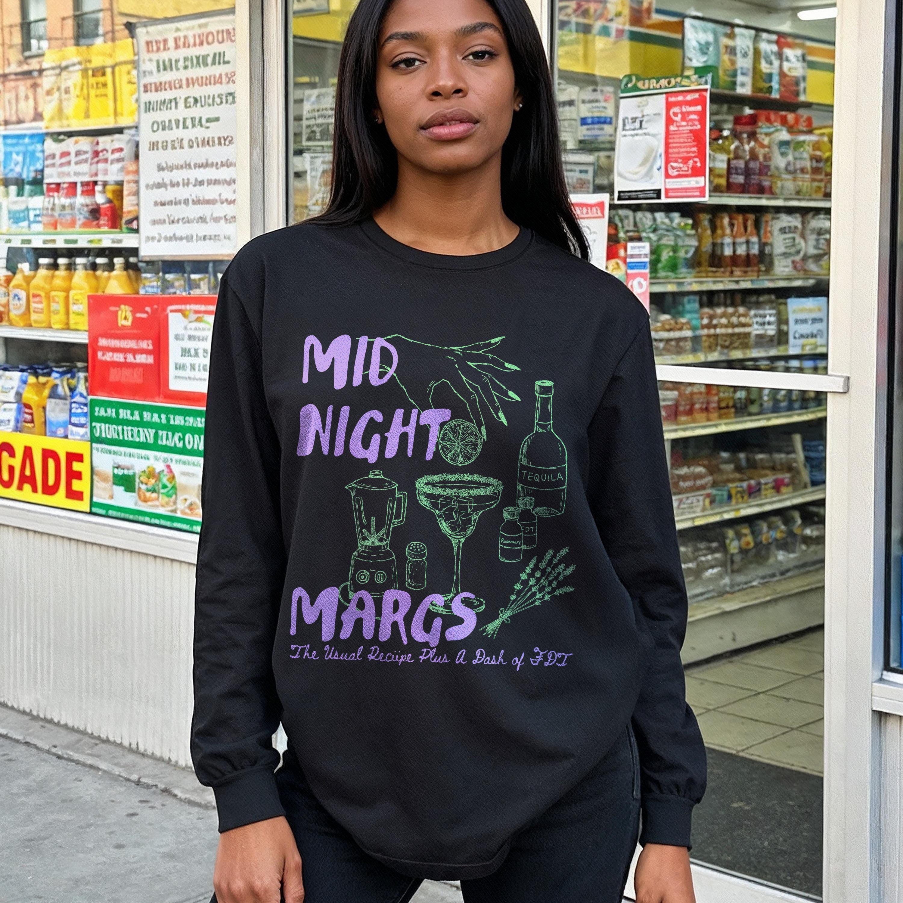 Black long-sleeve shirt with &amp;quot;MID NIGHT MARGS&amp;quot; and cocktail graphic.