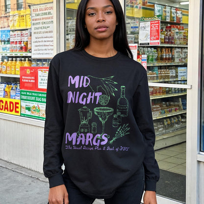 Black long-sleeve shirt with &amp;quot;MID NIGHT MARGS&amp;quot; and cocktail graphic.