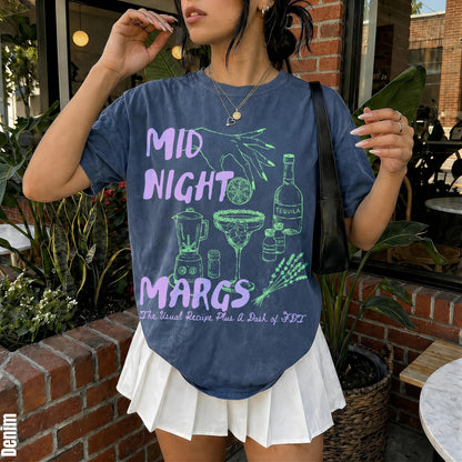 &amp;quot;Midnight Margs&amp;quot; graphic tee with blender, margarita, and tequila illustration.