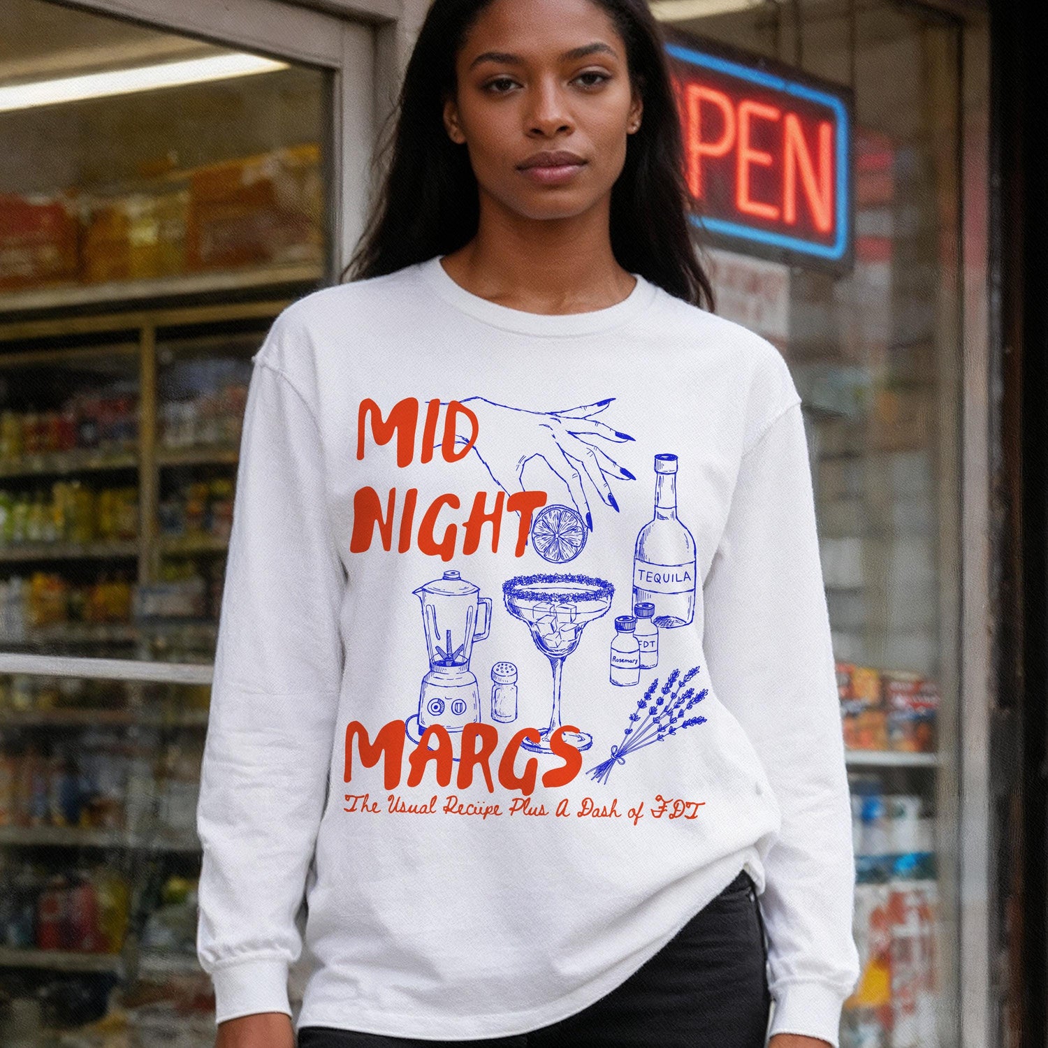 White long-sleeve shirt with red and blue &amp;quot;MIDNIGHT MARGS&amp;quot; graphic.