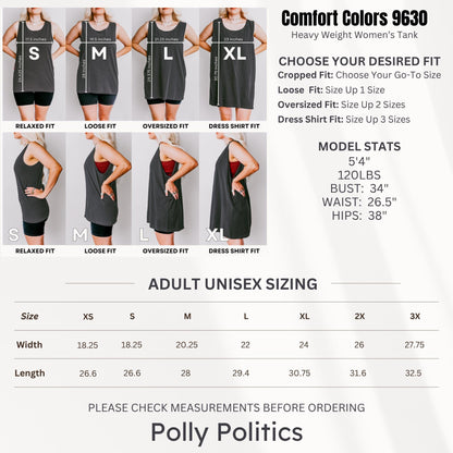 Comfort Colors 9630 tank sizing chart with fits and measurements.