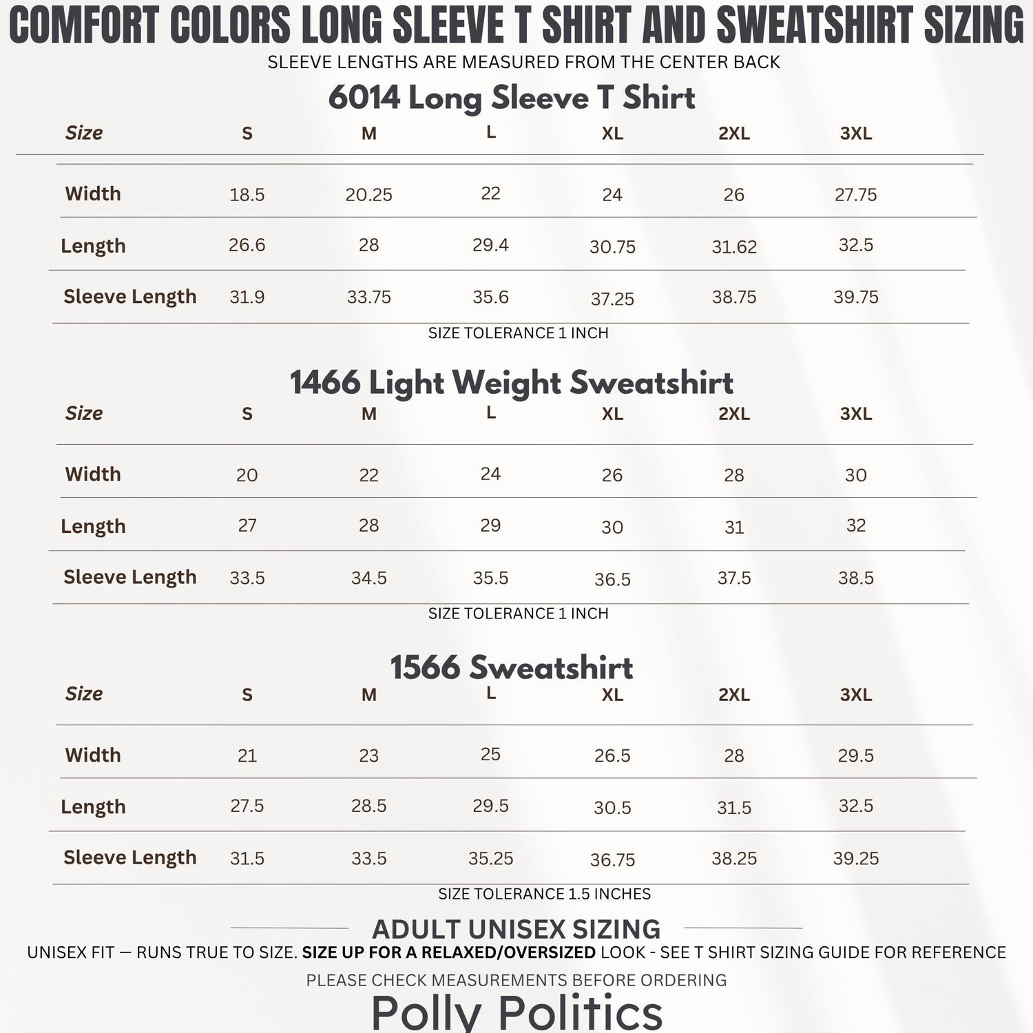 Comfort Colors t-shirt and sweatshirt sizing chart for models 6014, 1466, and 1566.