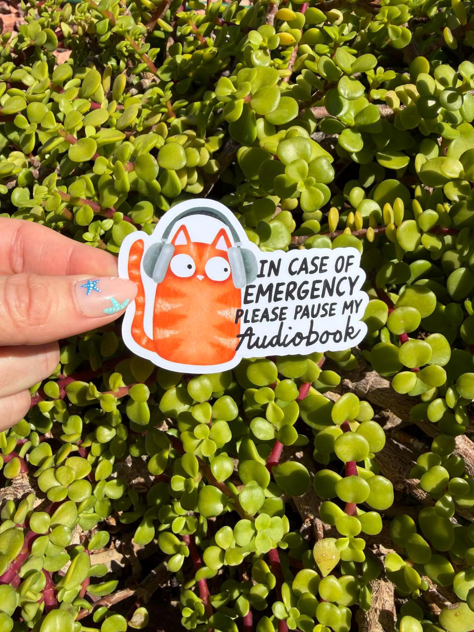 Funny Audiobook Sticker, In Case of Emergency Please Pause My Audiobook, Book Lover Sticker, Reading Sticker, Cat Laptop Decal