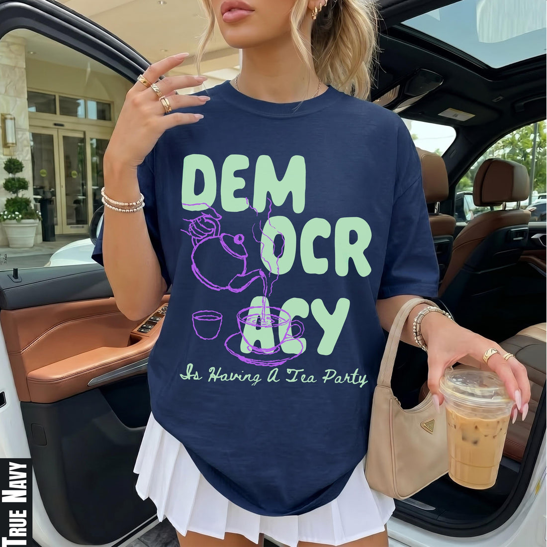 Navy t-shirt with &amp;quot;Democracy Is Having A Tea Party&amp;quot; text and graphics.