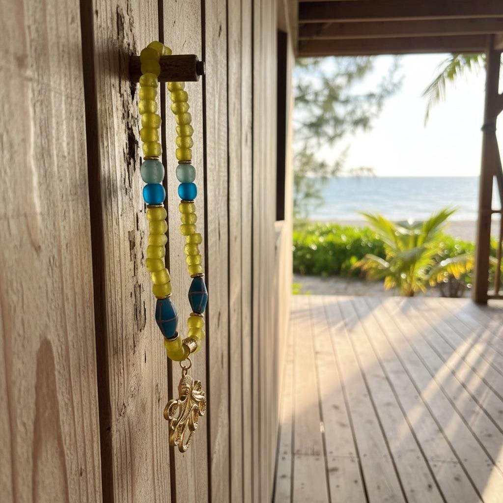 Gold Octopus Pendant Necklace, Yellow Turquoise Recycled Glass Beads, 21 Inch Statement Necklace