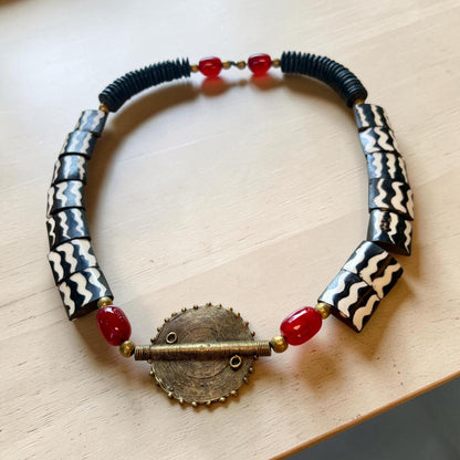 Handmade African Tribal Necklace, Batik Bone Beads, Brass Sun Pendant, 25 Inch