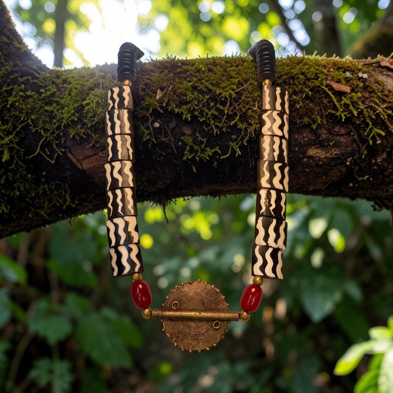 Handmade African Tribal Necklace, Batik Bone Beads, Brass Sun Pendant, 25 Inch