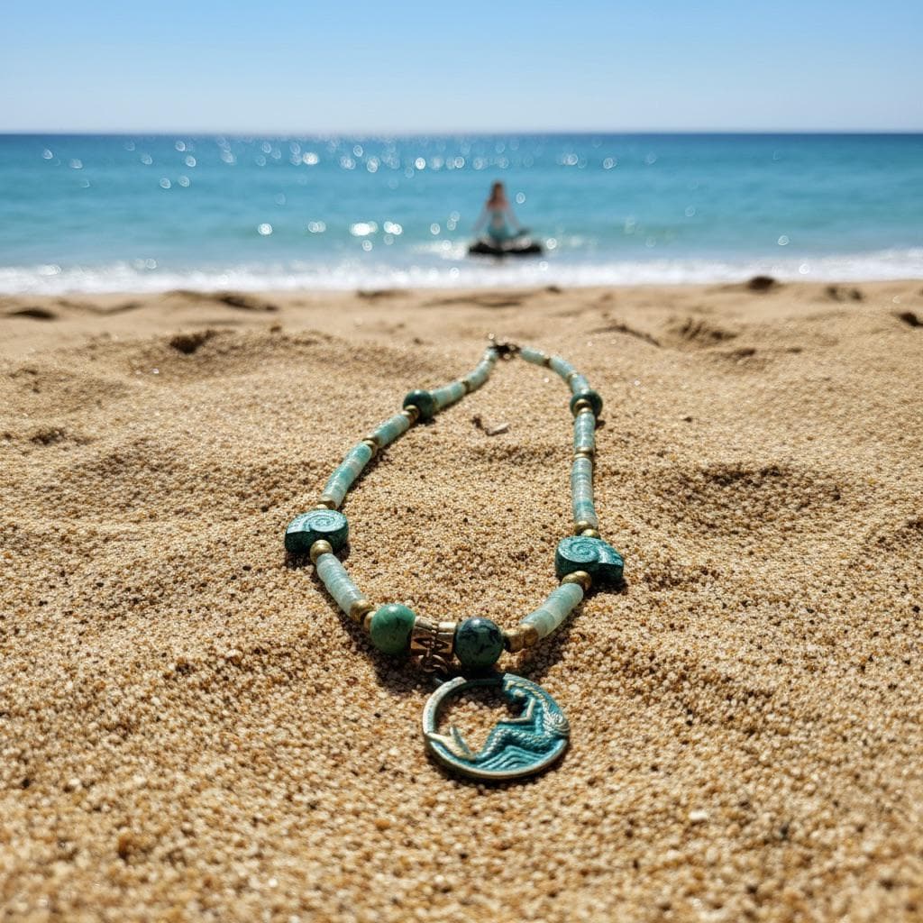 Handmade Turquoise Mermaid Pendant Necklace, Mykonos Brass Beaded, 16 Inch Beach Boho Jewelry