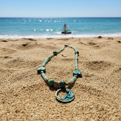 Handmade Turquoise Mermaid Pendant Necklace, Mykonos Brass Beaded, 16 Inch Beach Boho Jewelry