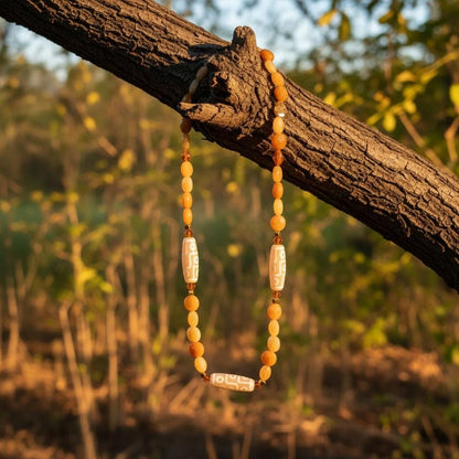 Tibetan Dzi Amulet Necklace, Topaz Jade Beaded Necklace, Neutral Boho Gemstone Jewelry, Spiritual Handmade Gift