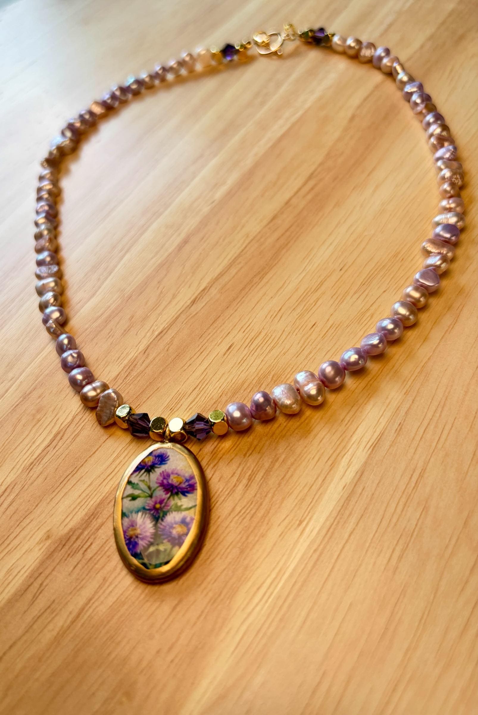 Lavender Pearl Necklace, Purple Wildflower Pendant, Handmade Beaded Boho Jewelry, Graduation Gift, Bridesmaid Necklace