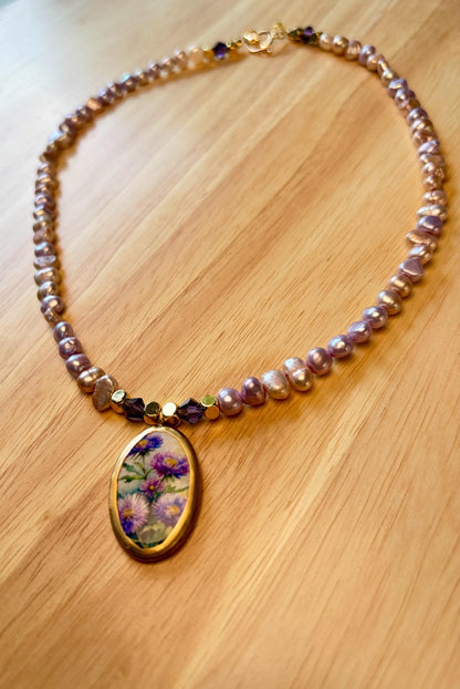 Lavender Pearl Necklace, Purple Wildflower Pendant, Handmade Beaded Boho Jewelry, Graduation Gift, Bridesmaid Necklace
