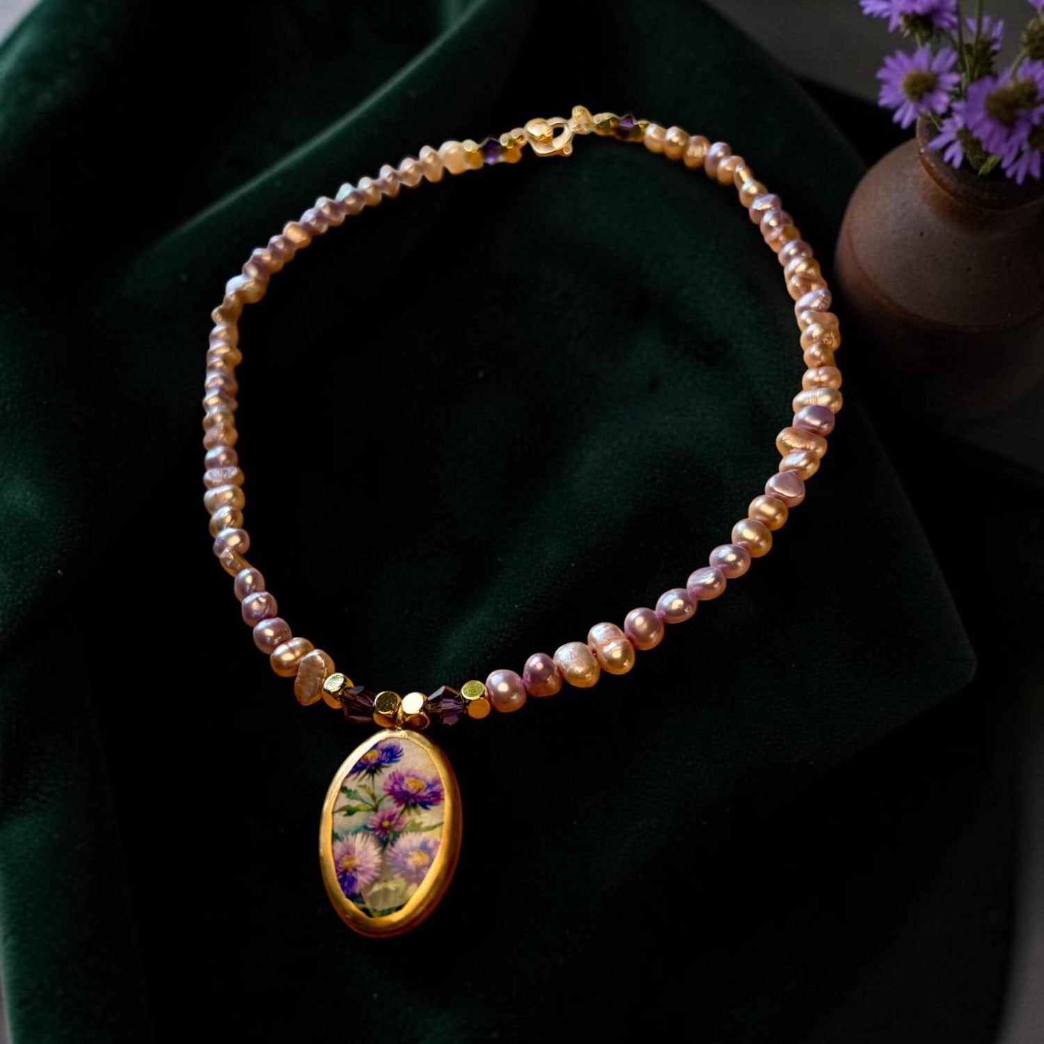 Lavender Pearl Necklace, Purple Wildflower Pendant, Handmade Beaded Boho Jewelry, Graduation Gift, Bridesmaid Necklace