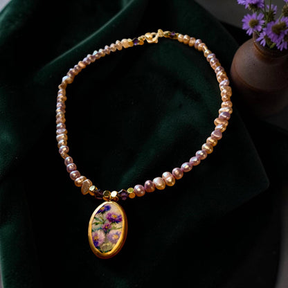 Lavender Pearl Necklace, Purple Wildflower Pendant, Handmade Beaded Boho Jewelry, Graduation Gift, Bridesmaid Necklace