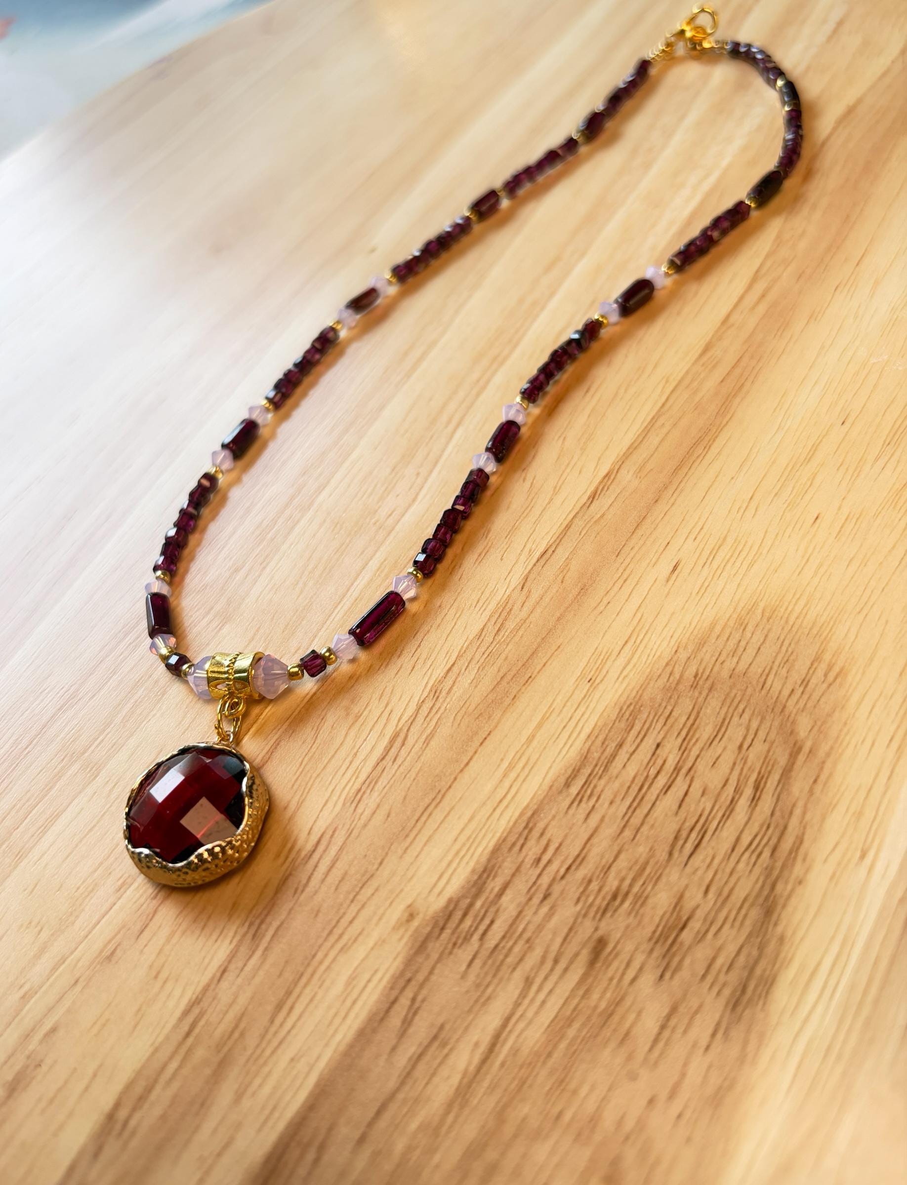 Garnet Necklace Earring Set, Deep Red Gemstone Pendant, January Birthstone Jewelry