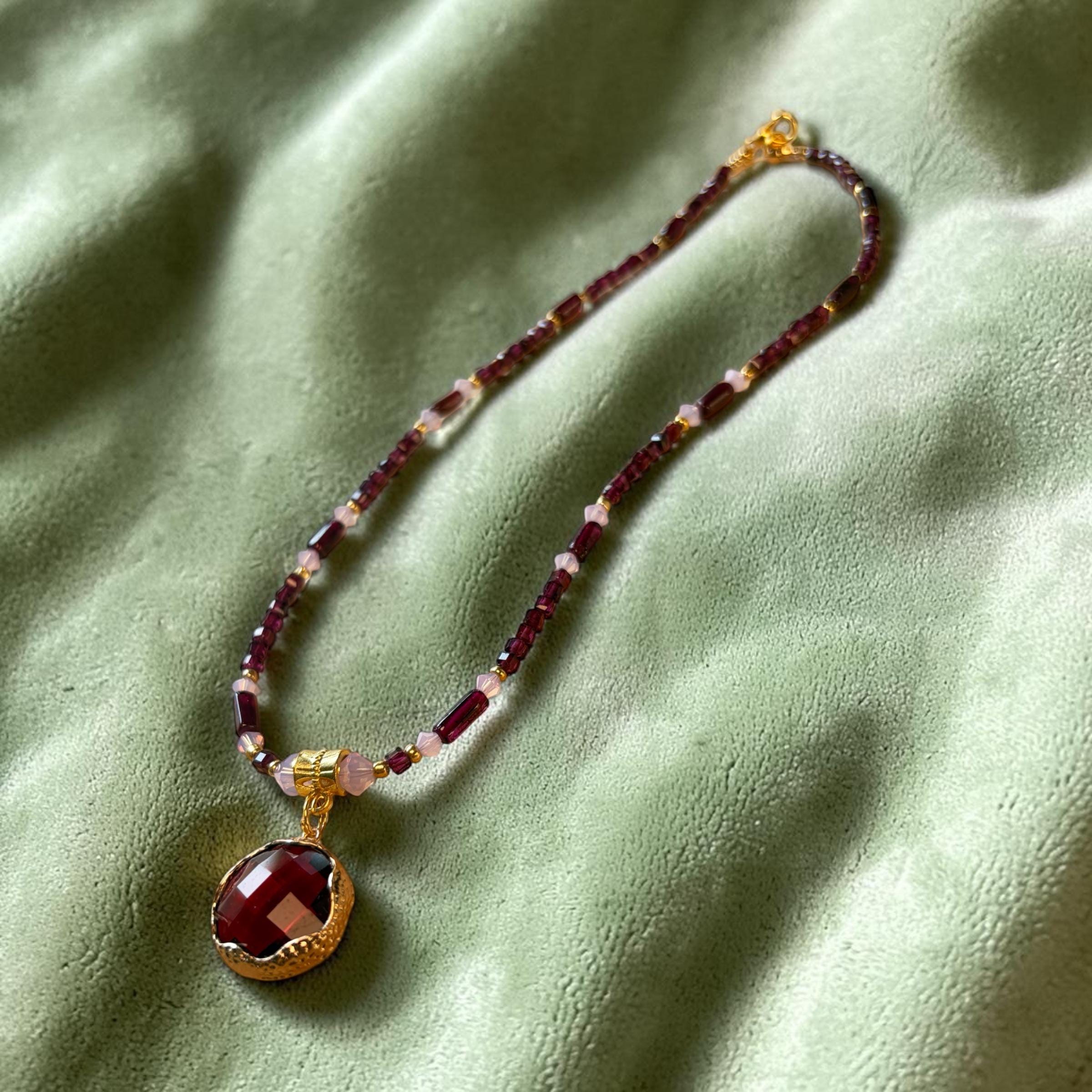 Garnet Necklace Earring Set, Deep Red Gemstone Pendant, January Birthstone Jewelry