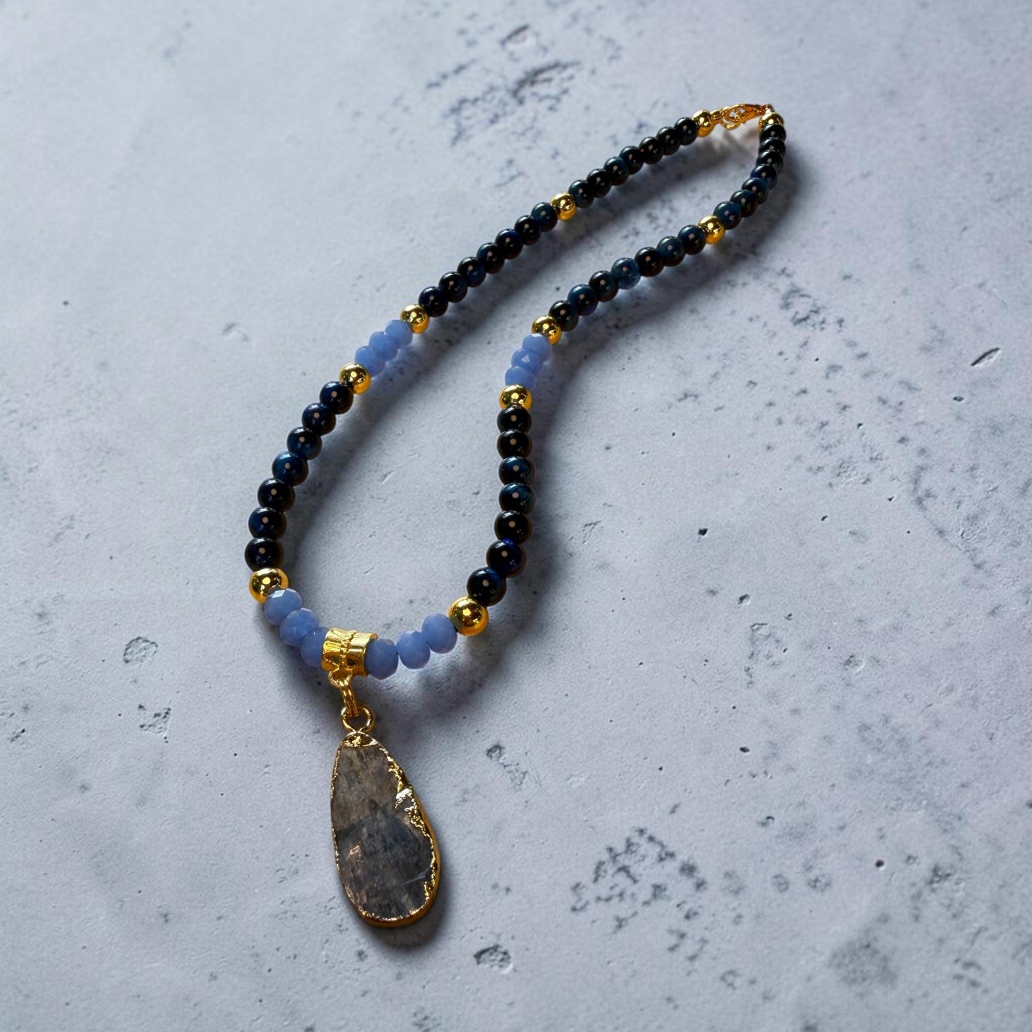 Blue Kyanite Pendant Necklace, Lapis Tiger Eye Beaded Choker, Gold Accents (15 Inch)