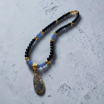 Blue Kyanite Pendant Necklace, Lapis Tiger Eye Beaded Choker, Gold Accents (15 Inch)