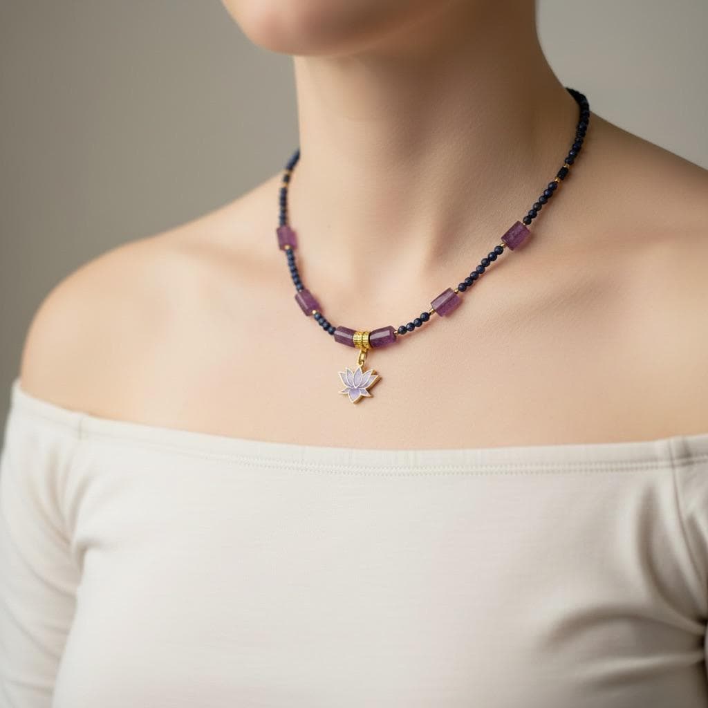 Lapis Lazuli Amethyst Lotus Pendant Necklace and Earring Set, Boho Gemstone Jewelry