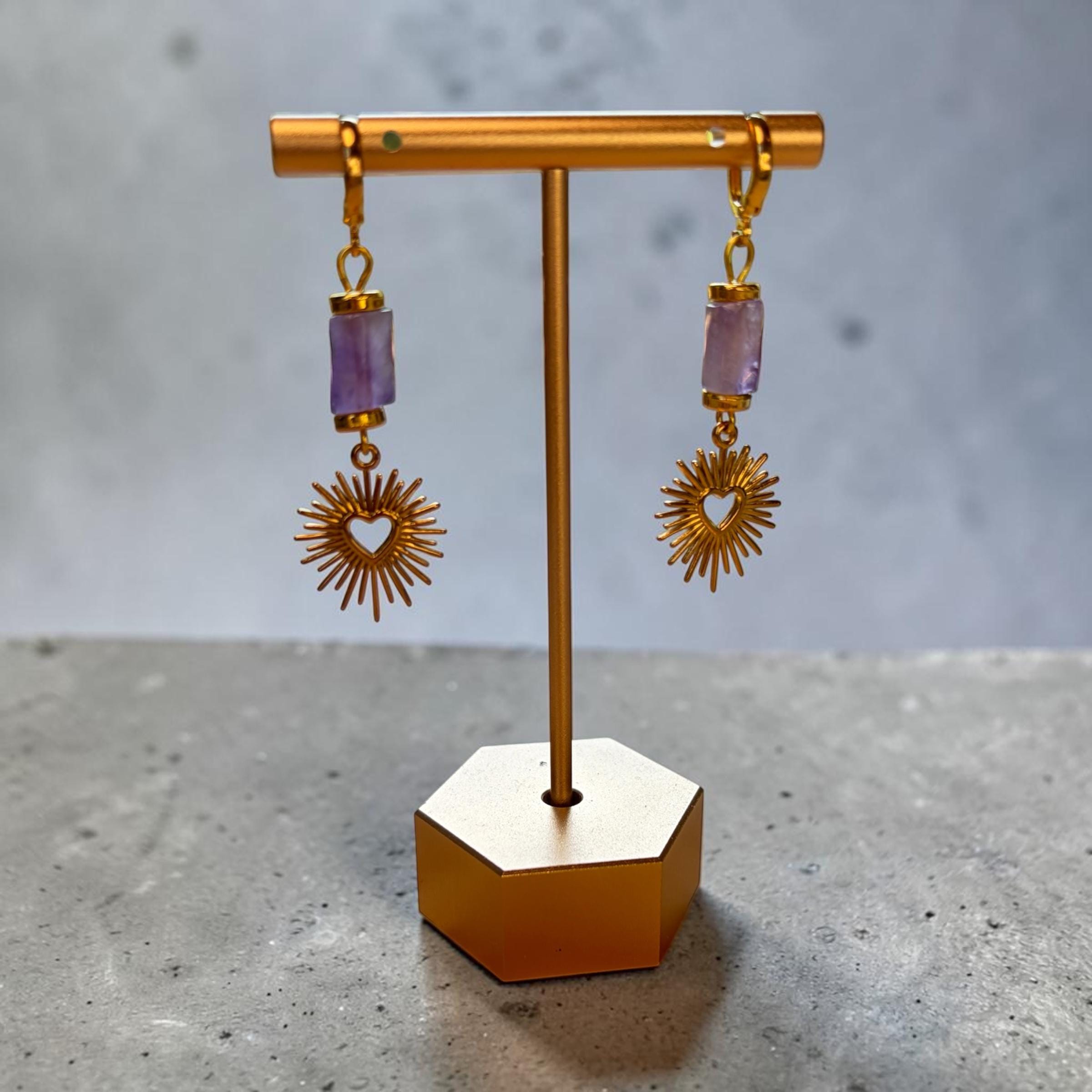Lapis Lazuli Amethyst Lotus Pendant Necklace and Earring Set, Boho Gemstone Jewelry
