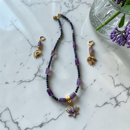 Lapis Lazuli Amethyst Lotus Pendant Necklace and Earring Set, Boho Gemstone Jewelry