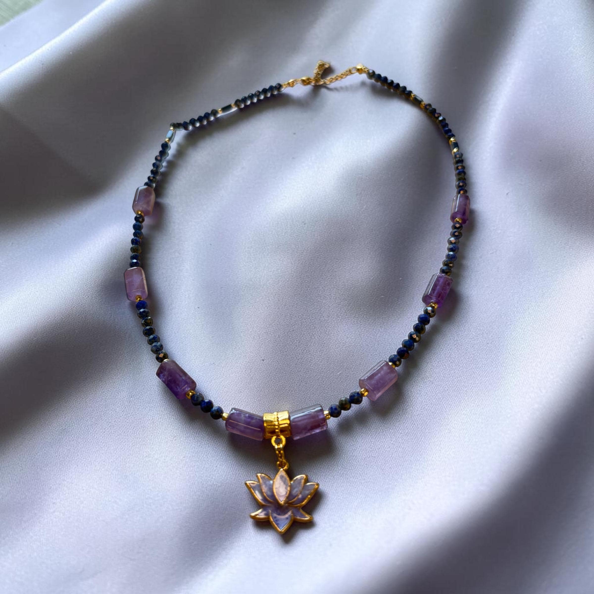 Lapis Lazuli Amethyst Lotus Pendant Necklace and Earring Set, Boho Gemstone Jewelry