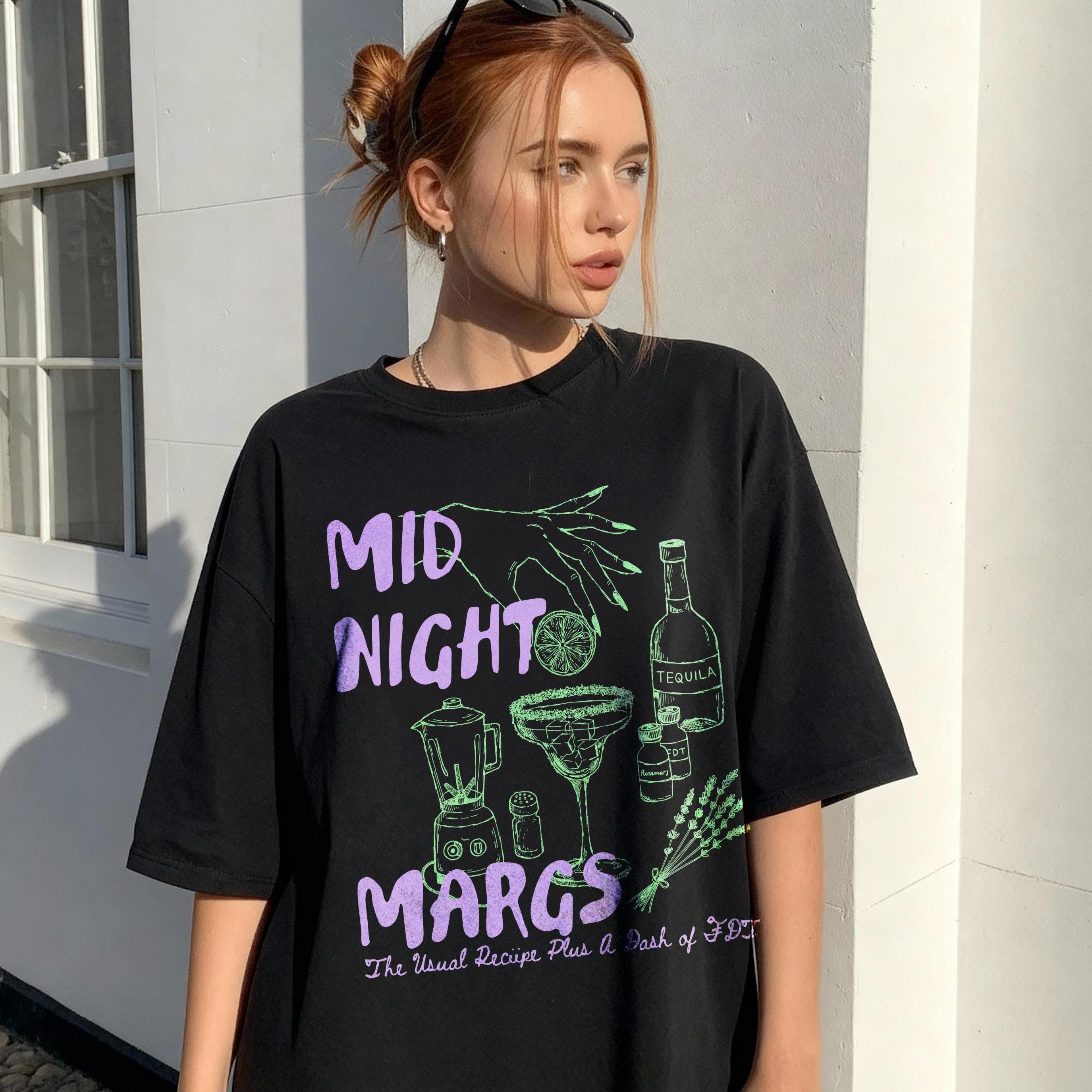 Black t-shirt with &amp;quot;MID NIGHT MARGS&amp;quot; graphic and cocktail ingredients.
