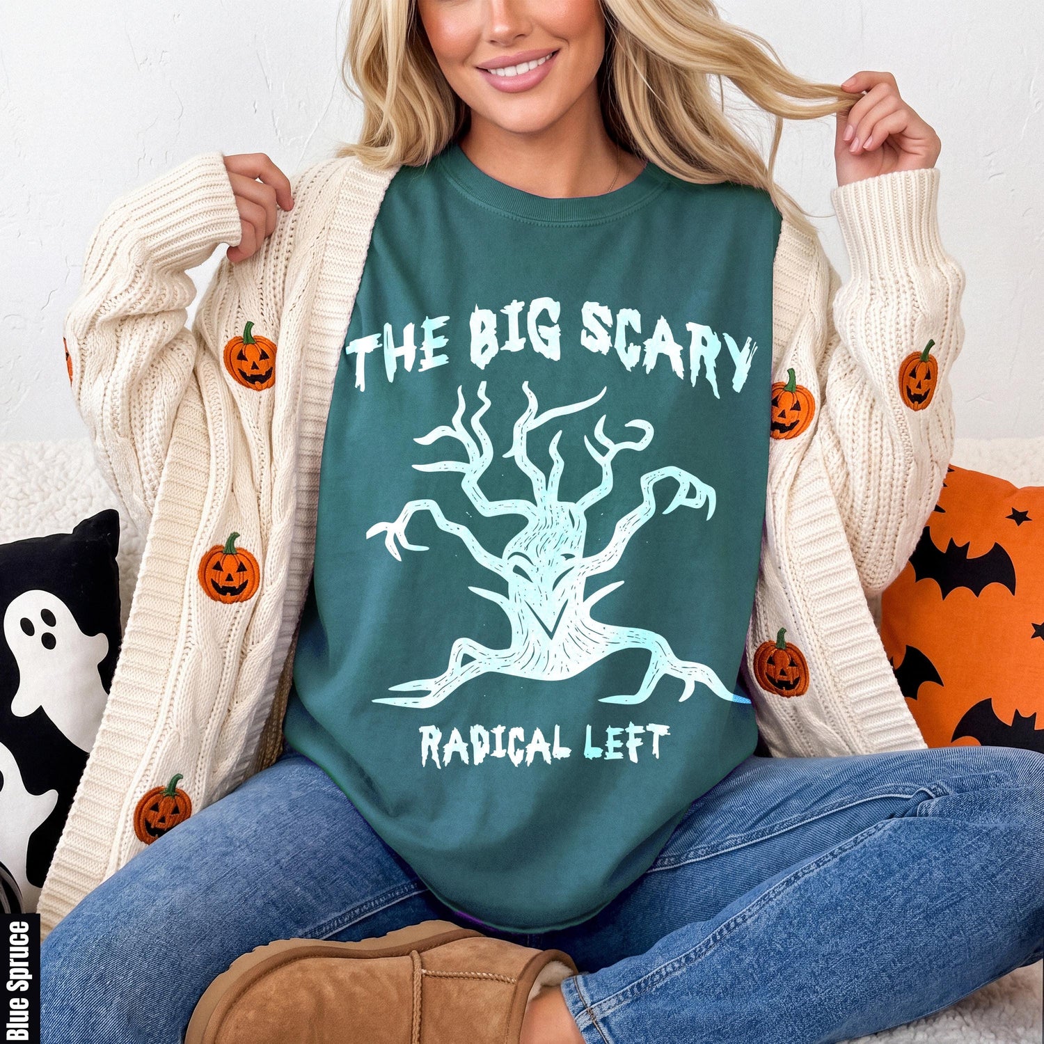 Green t-shirt with &amp;quot;The Big Scary Radical Left&amp;quot; and a tree graphic.