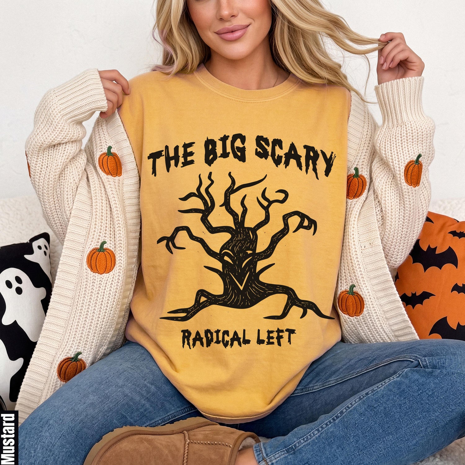 Yellow t-shirt with Halloween graphic: &amp;quot;The Big Scary Radical Left.&amp;quot;