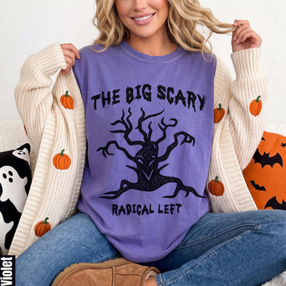 Purple t-shirt with black &amp;quot;The Big Scary Radical Left&amp;quot; text and tree graphic.