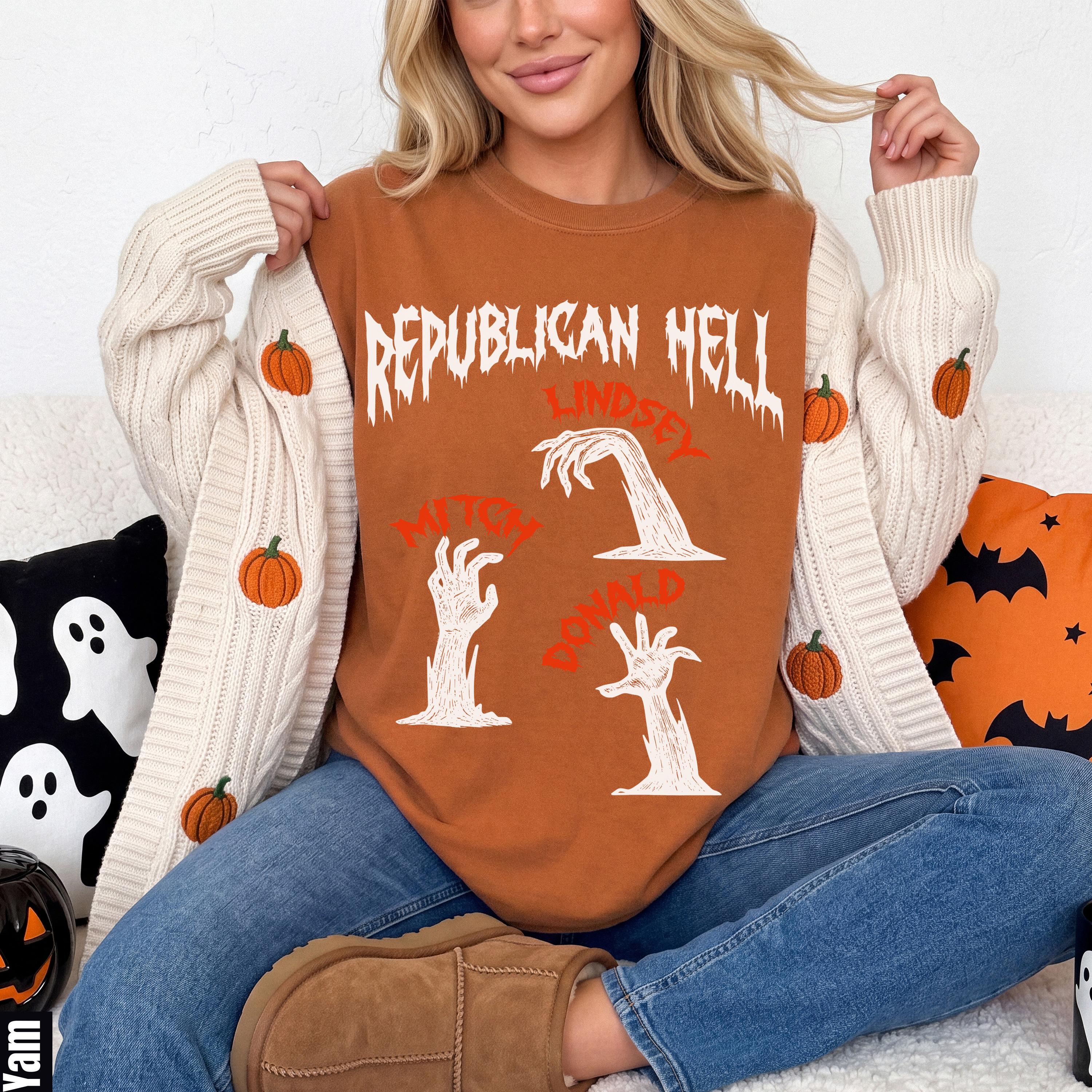 Orange crewneck with &amp;quot;Republican Hell&amp;quot; graphic and zombie hands with names.